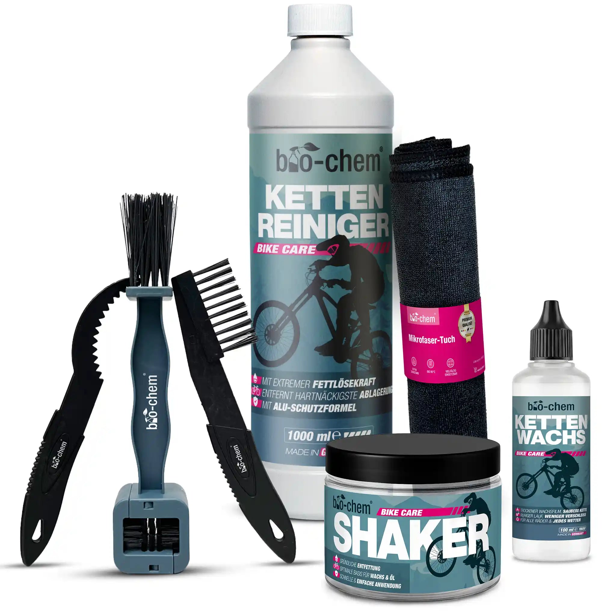 bio-chem Fahrrad Kettenpflege-Set mit Kettenreiniger, Kettenwachs, Shaker, Bürsten und Mikrofasertuch.