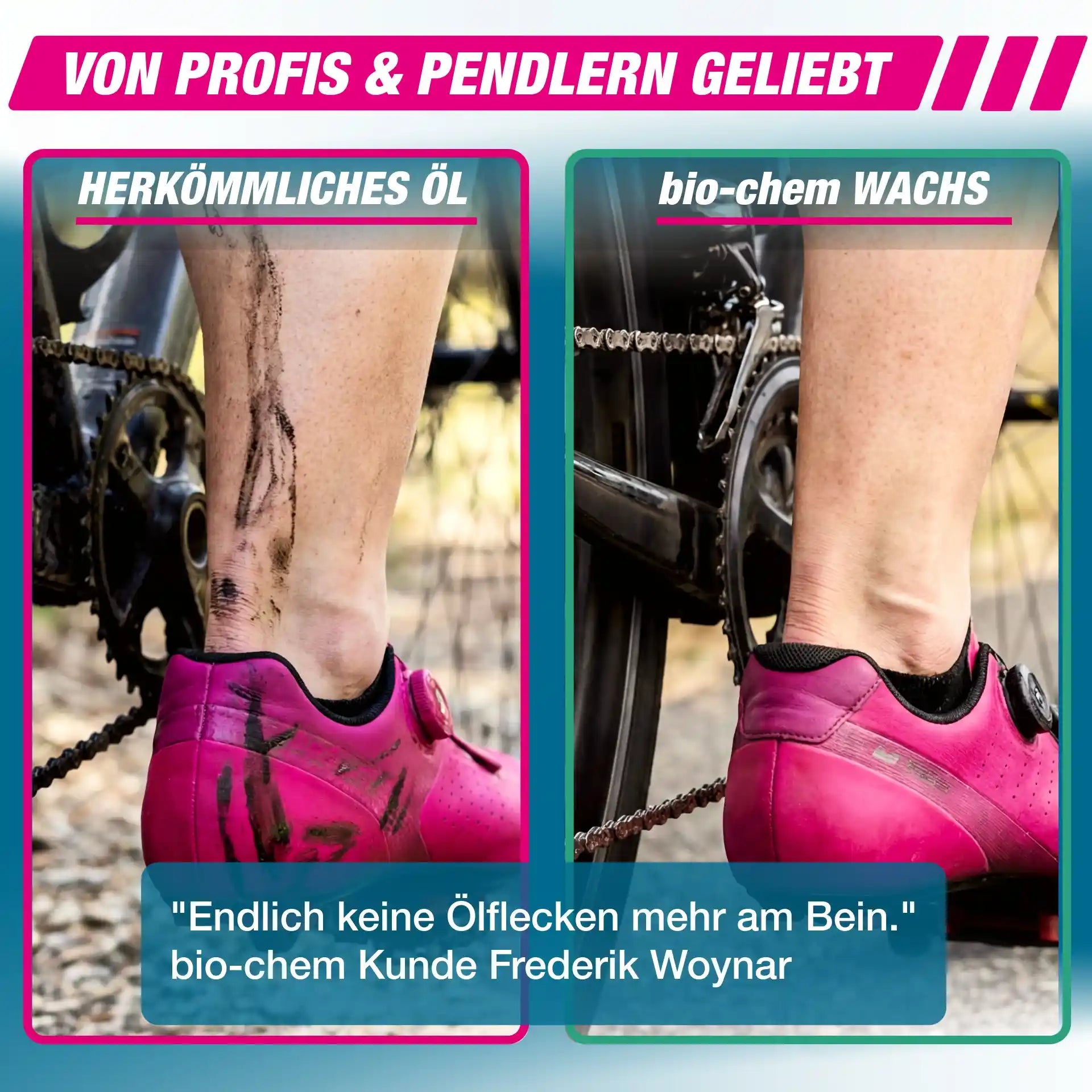 Keine Ölflecken mehr am Bein dank bio-chem Kettenwachs statt Kettenöl.