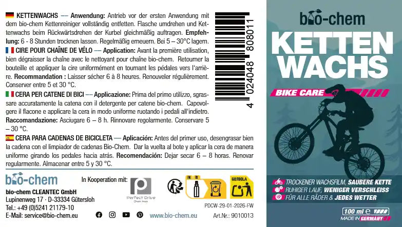 Rückseitenetikett bio-chem Kettenwachs: Anwendungshinweise in mehreren Sprachen.