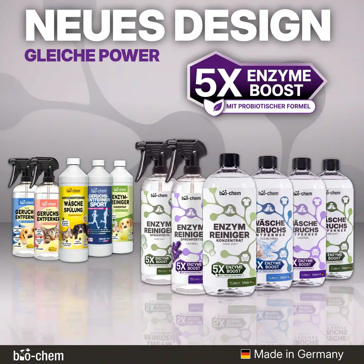 Neues Design, gleiche Power: bio-chem Enzymreiniger-Serie mit 5X Enzyme Boost in verschiedenen Ausführungen und Flaschengrößen[cite: 135].