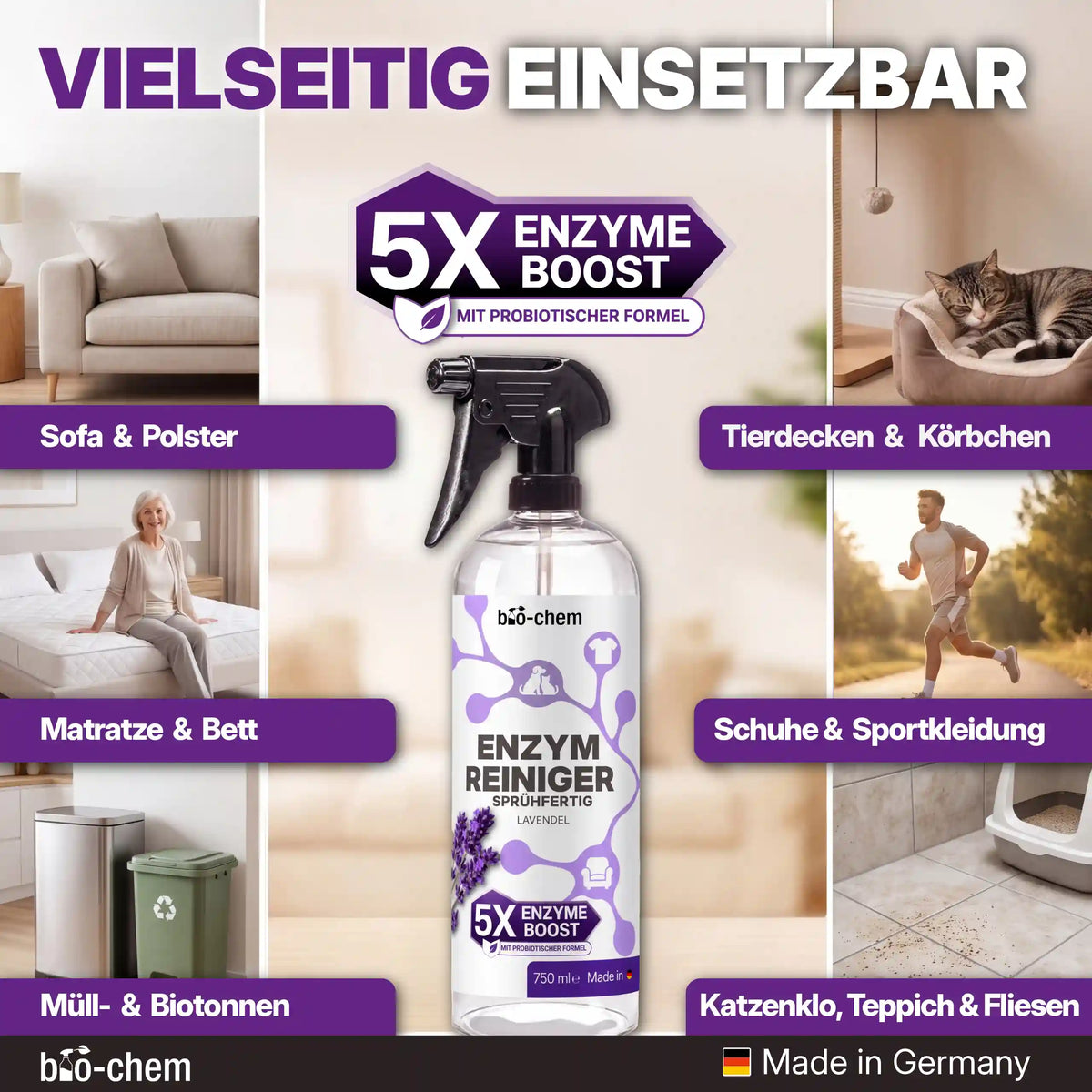 Vielseitig einsetzbarer Enzymreiniger von bio-chem für Sofas, Polster, Matratzen, Tierdecken, Schuhe und Mülltonnen[cite: 131].