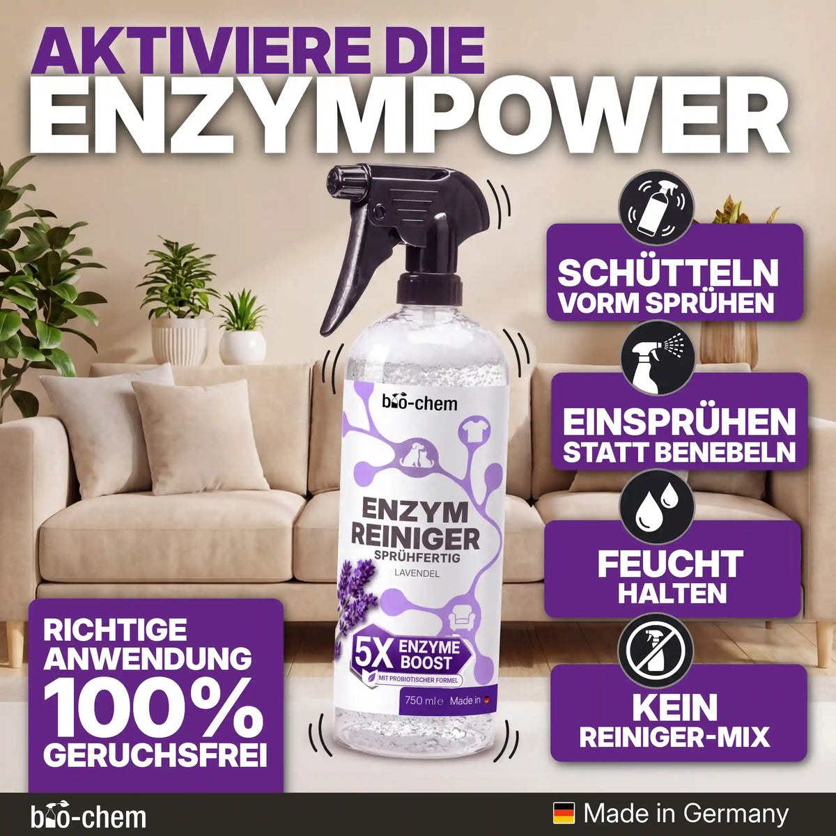 Richtige Anwendung des bio-chem Enzymreinigers: Vorm Sprühen schütteln, feucht halten und keinen anderen Reiniger dazu mischen[cite: 132].