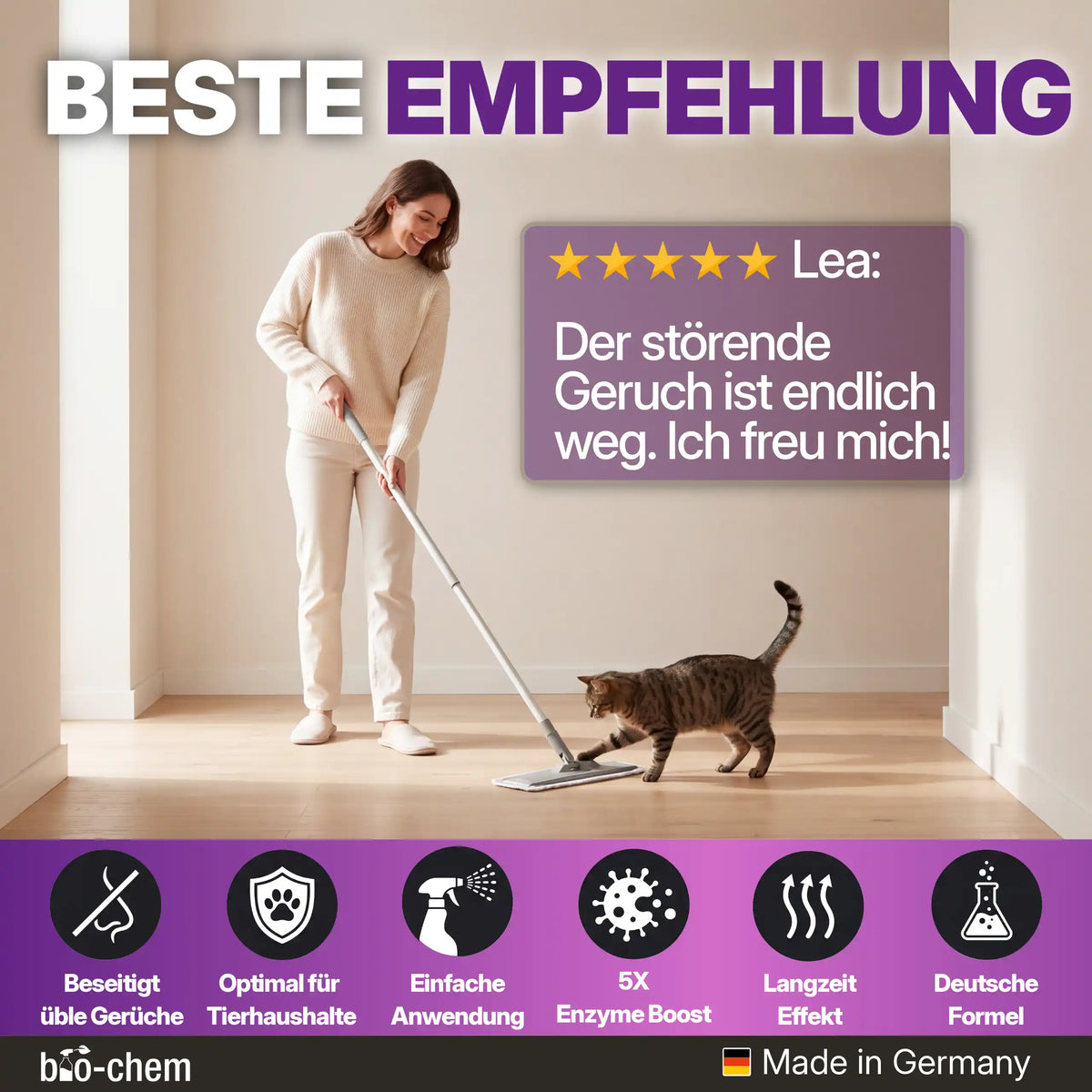 5-Sterne Kundenbewertung für den bio-chem Enzymreiniger: Effektive Geruchsentfernung im Haushalt mit Haustieren[cite: 134].