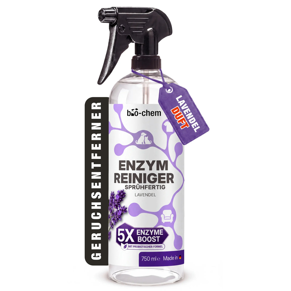 bio-chem Enzymreiniger Lavendel 750ml Sprühflasche – Geruchsentferner mit 5X Enzyme Boost und probiotischer Formel[cite: 128].