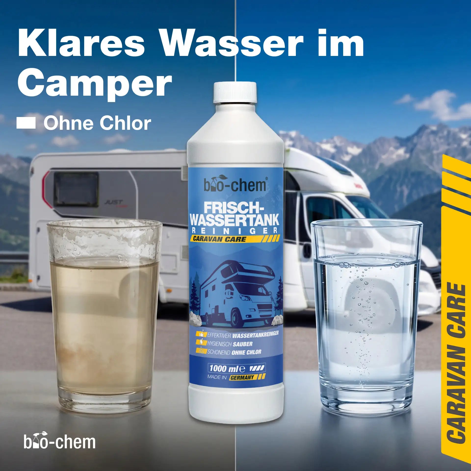 Frischwassertank-Reinigung: Vorher-Nachher Vergleich von trübem zu klarem Wasser im Wohnmobil mit dem bio-chem Reiniger.