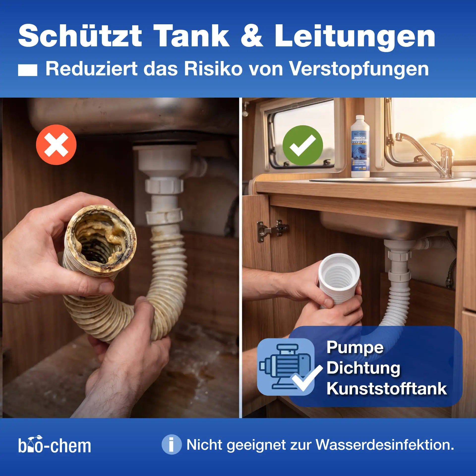 bio-chem Frischwassertank-Reiniger schützt Tank, Pumpe und Leitungen im Camper vor Kalkablagerungen und beugt Verstopfungen vor.