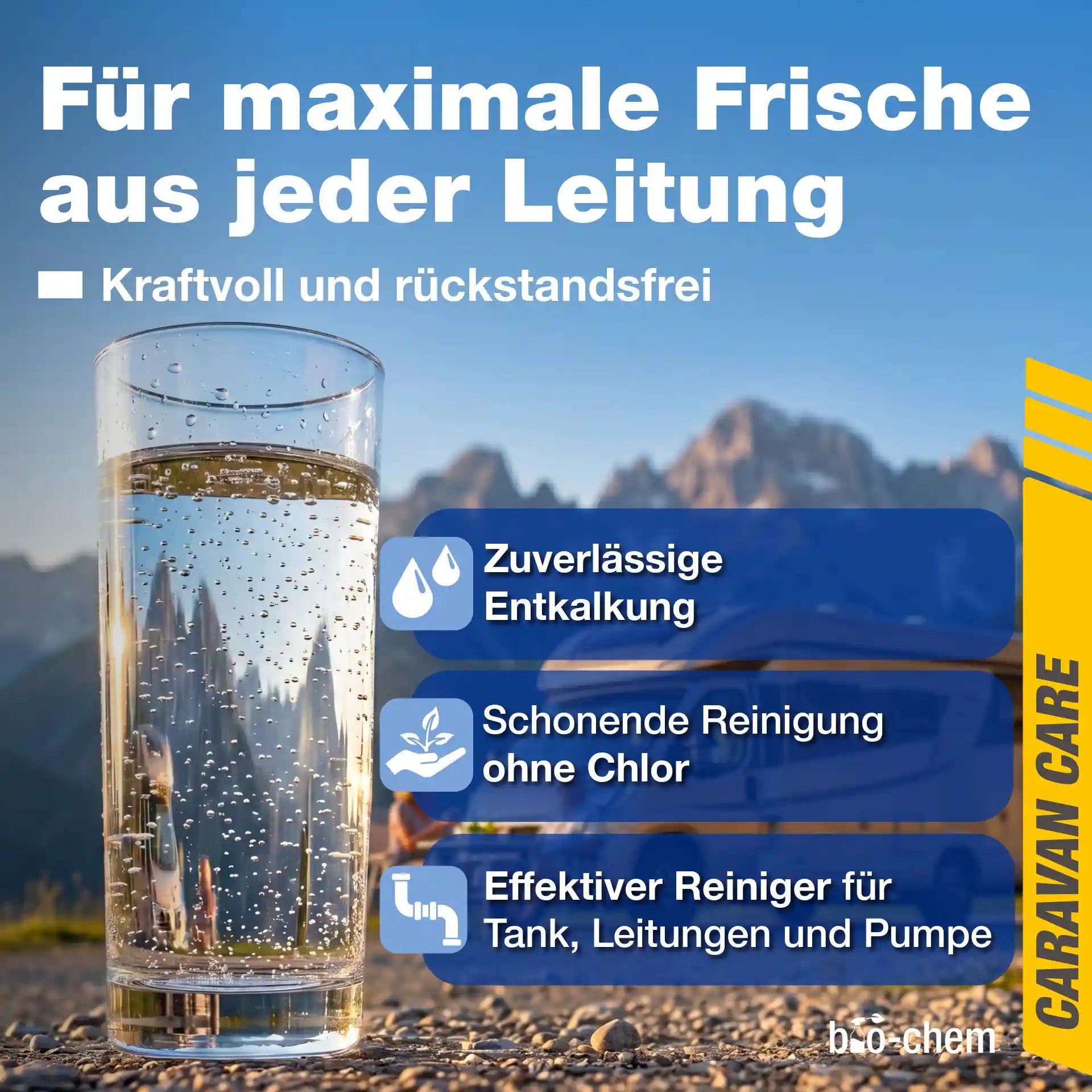 Maximale Frische im Camper: bio-chem Reiniger für Frischwassertanks entkalkt zuverlässig, ist chlorfrei und schont alle Leitungen.