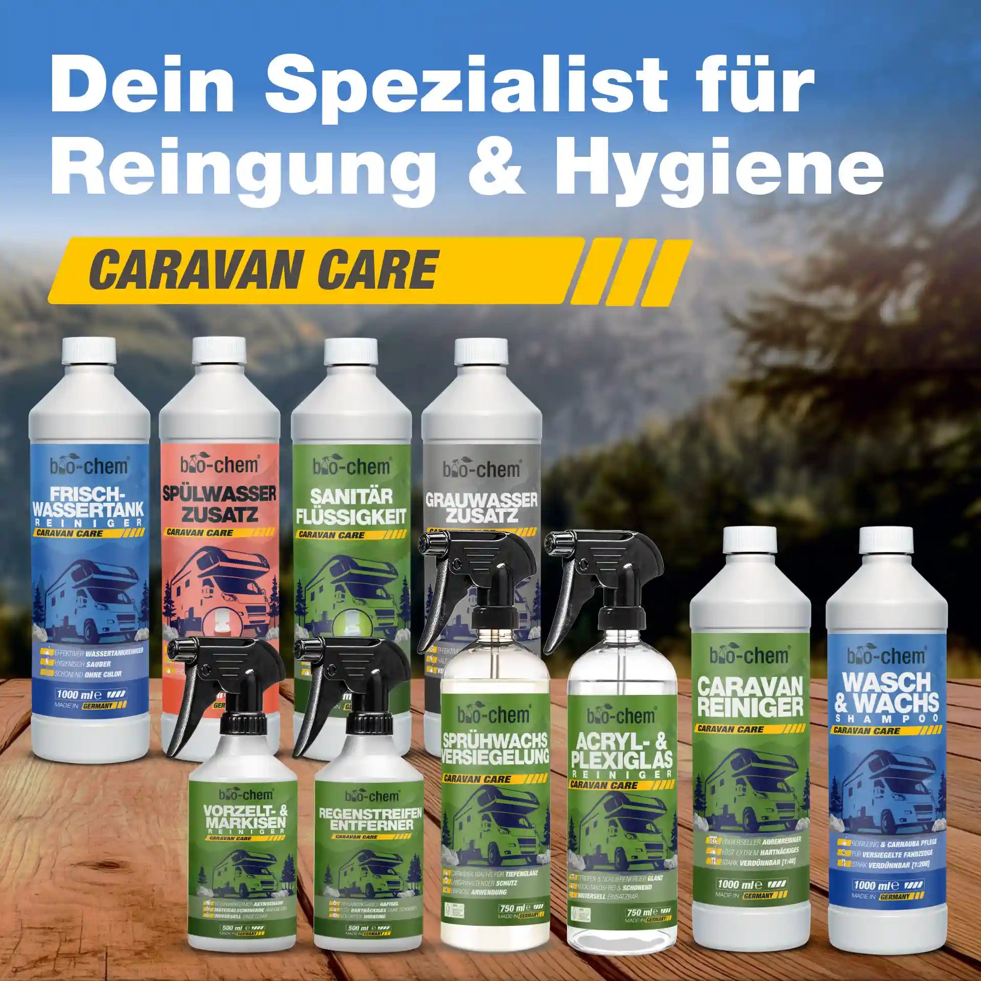 Umfangreiches bio-chem Caravan Care Sortiment für die Außen- und Innenreinigung sowie Sanitärpflege von Wohnwagen und Wohnmobilen.