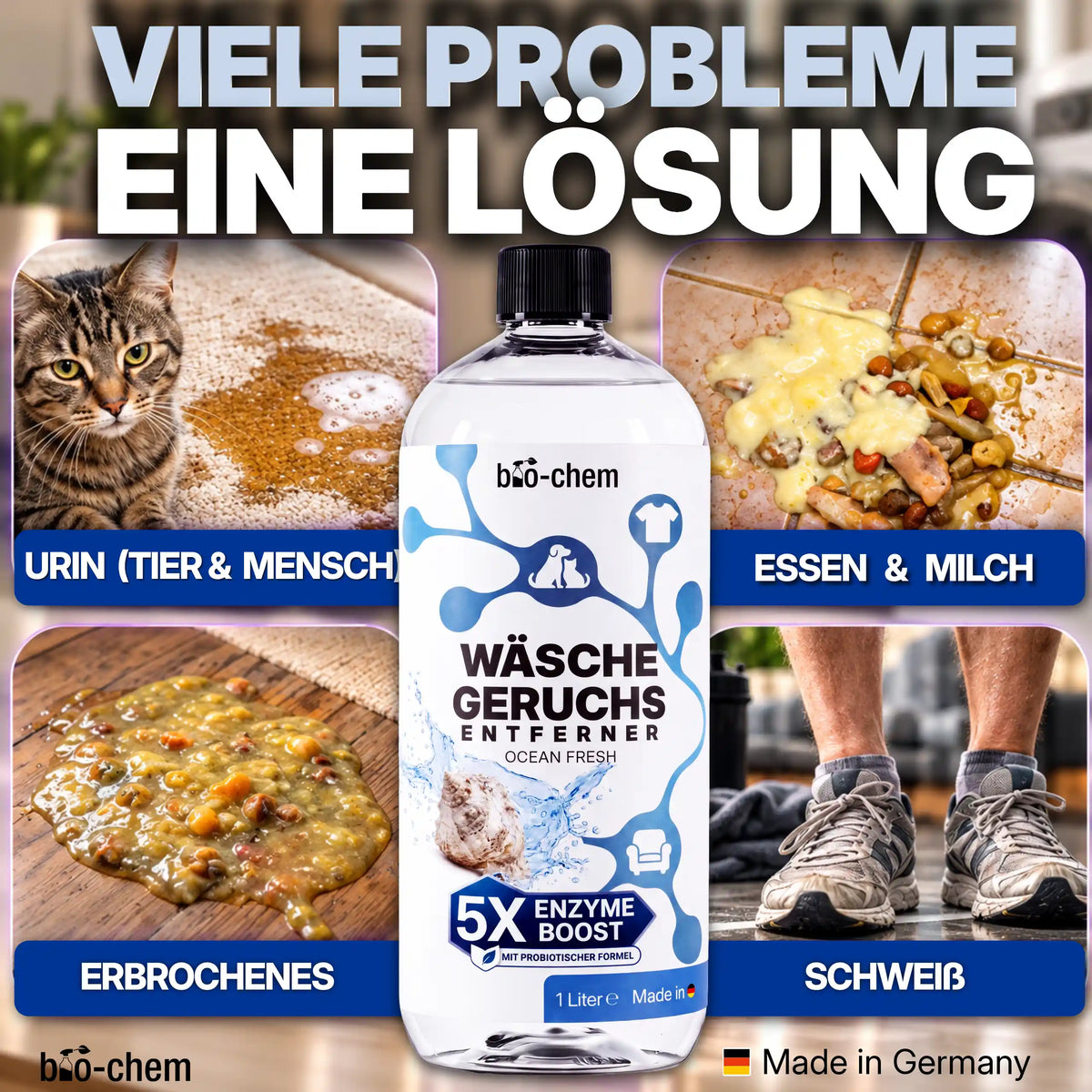 Beseitigt zuverlässig Flecken und Gerüche von Urin, Essen, Erbrochenem und Schweiß aus Textilien.