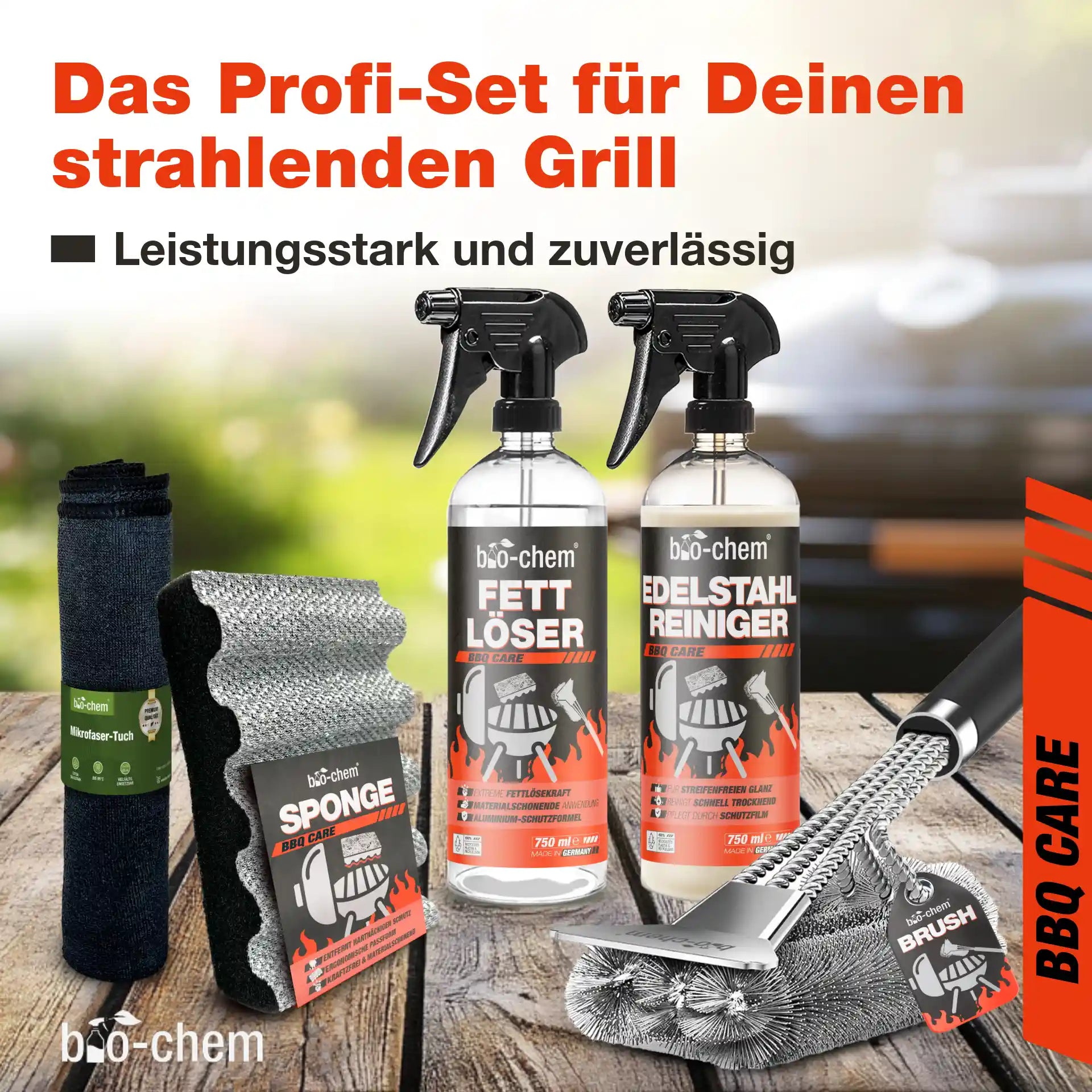 bio-chem Profi-Reinigungsset für Grillpflege mit leistungsstarkem Fettlöser und Edelstahlreiniger