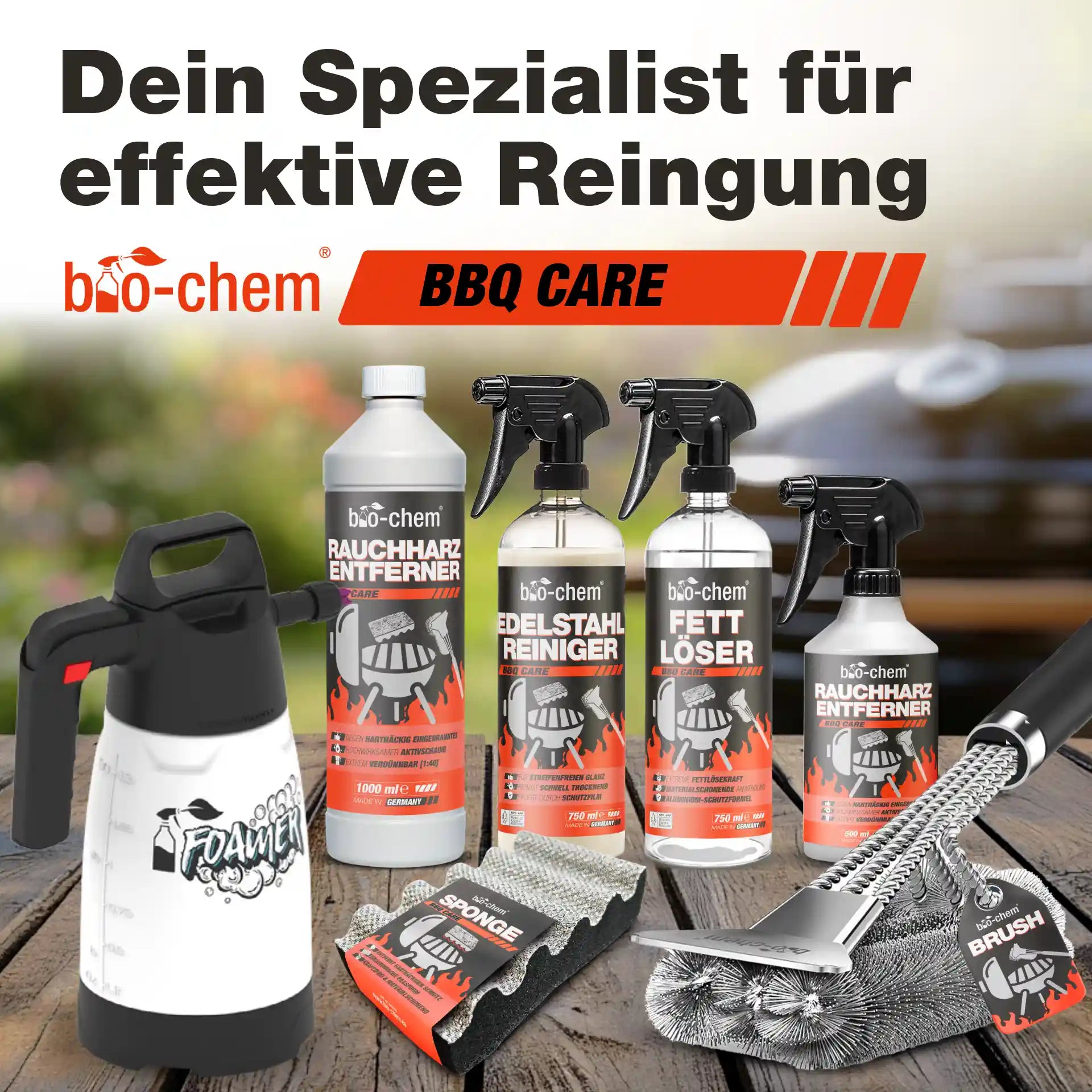 Übersicht der gesamten BBQ CARE Reinigungsprodukte von bio-chem inklusive Foamer und Zubehör