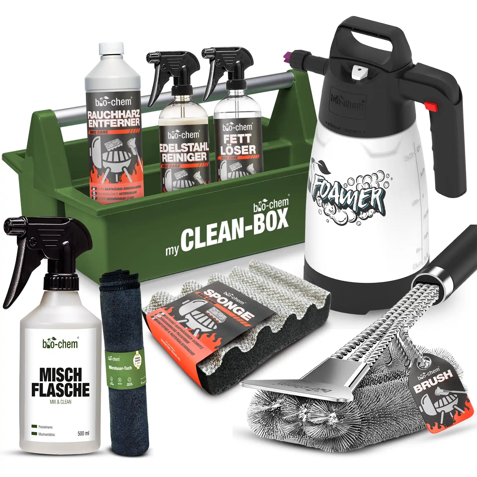 Grillreinigungsset bio-chem Clean-Box mit Edelstahlreiniger, Rauchharzentferner, Fettlöser, Bürste, Schwamm, Mischflasche und Mikrofasertuch