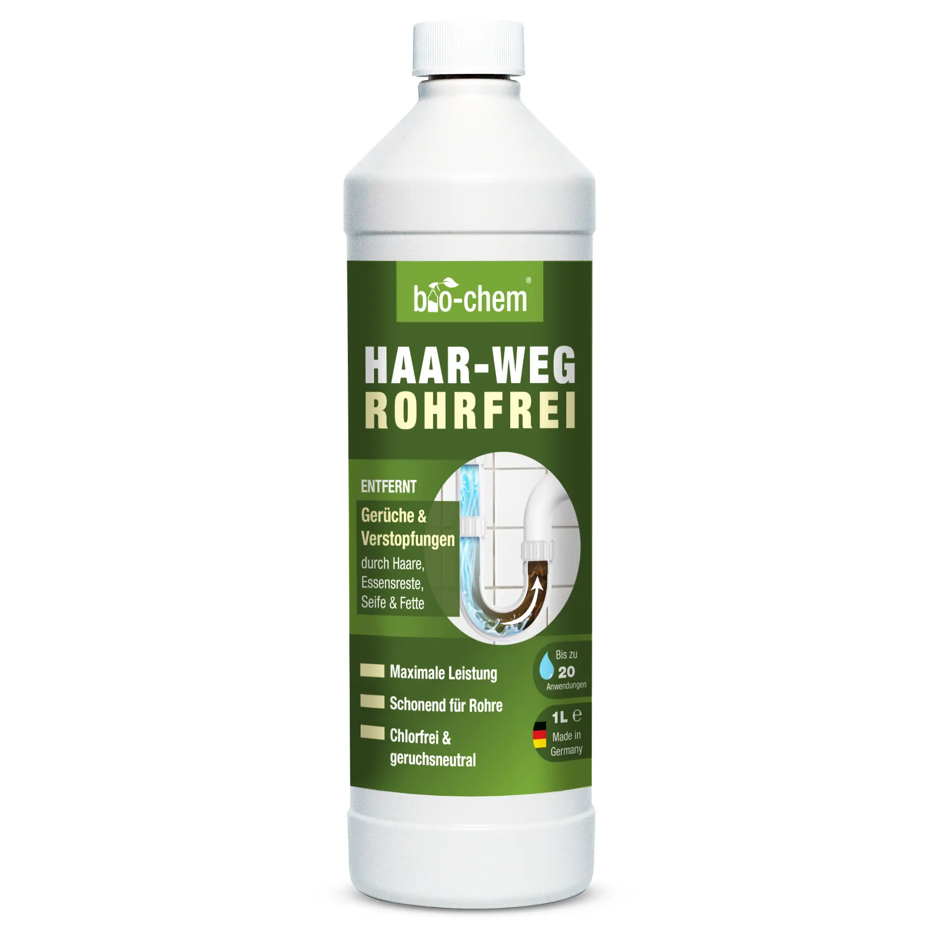 Produktflasche des bio-chem Haar-Weg Rohrfrei Rohrreinigers mit grünem Etikett, geeignet für bis zu 20 Anwendungen