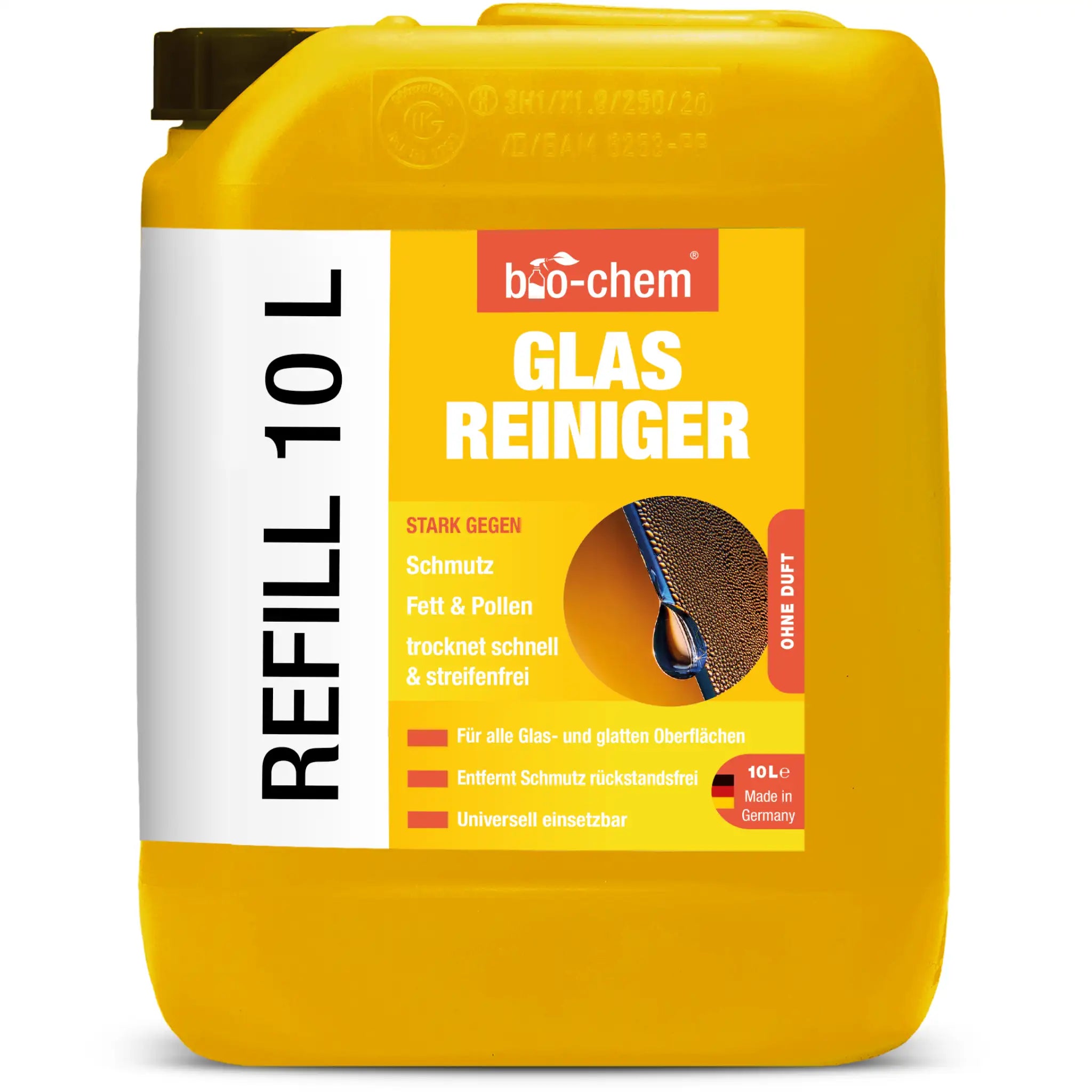 Glasreiniger im 10 l Nachfüllkanister von bio‑chem – für alle Glas- und glatten Oberflächen