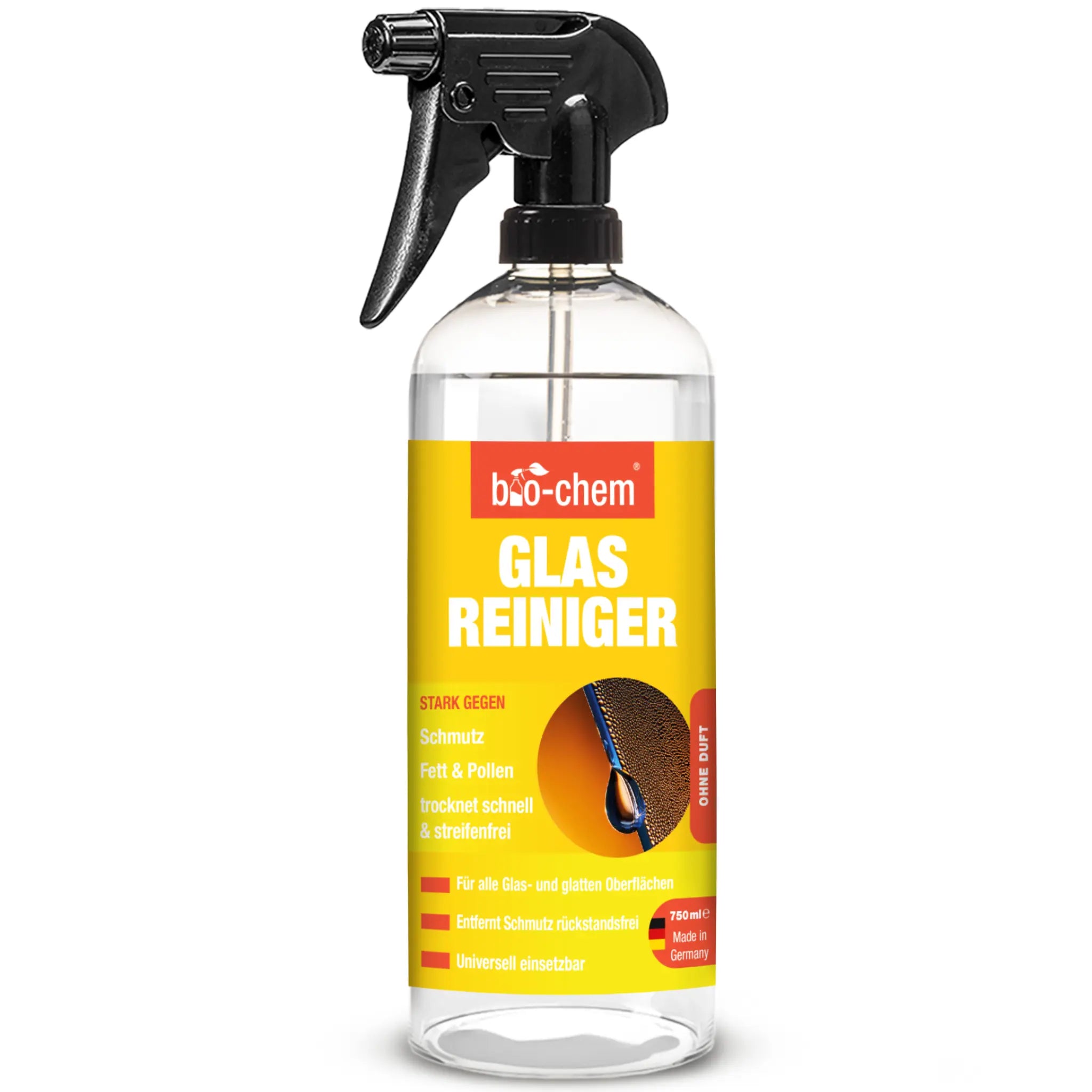 Glasreiniger in 750 ml Sprühflasche von bio‑chem – entfernt Schmutz, Fett und Pollen rückstandsfrei