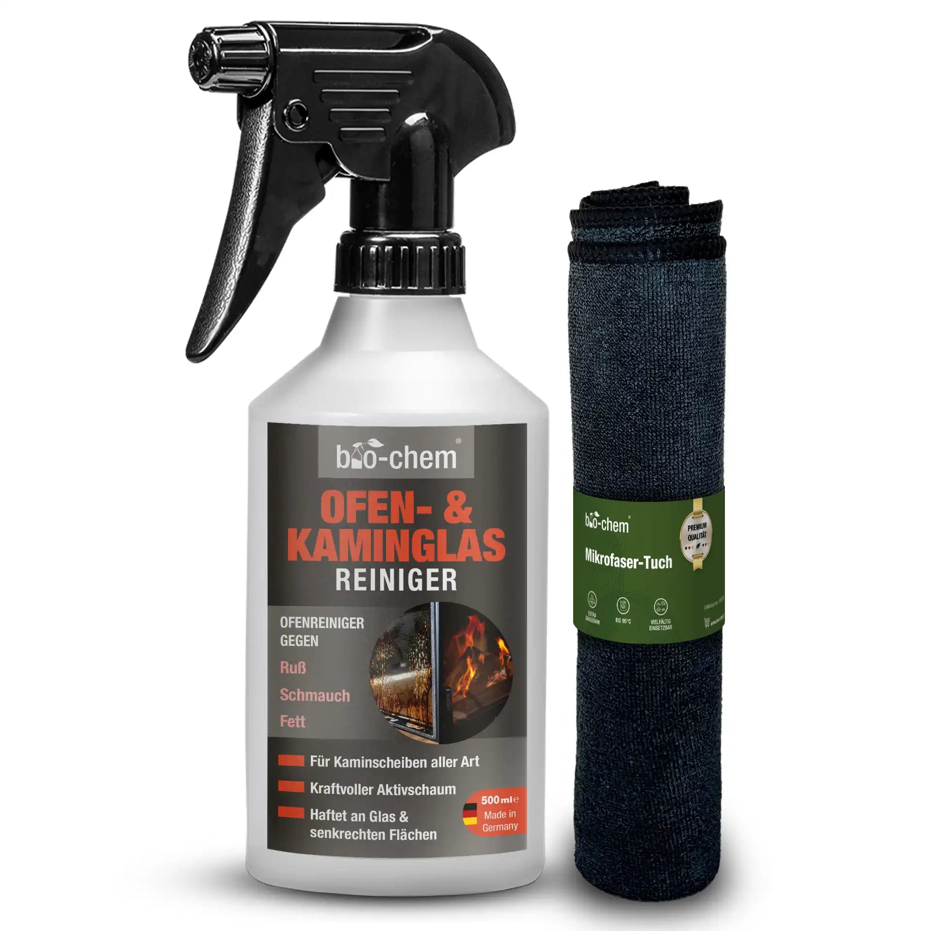 bio-chem Kaminglasreiniger mit Mikrofaser-Tuch gegen Ruß, Schmutz und Fett