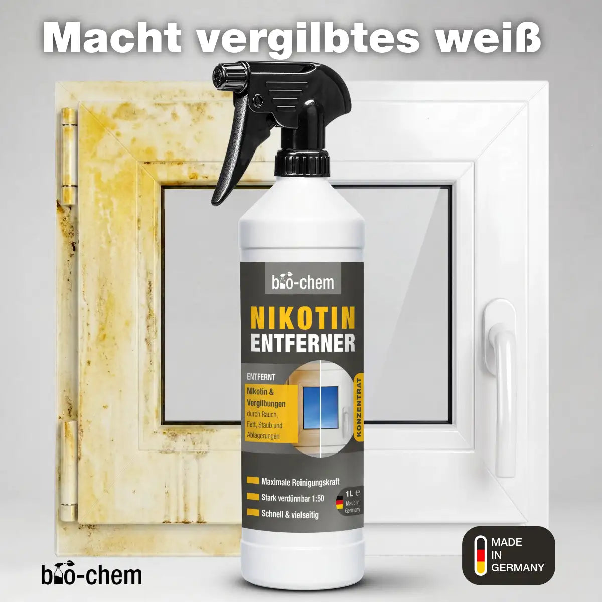 Nikotinreiniger Anwendung Fenster vorher nachher Nikotinentferner vergilbung rauch