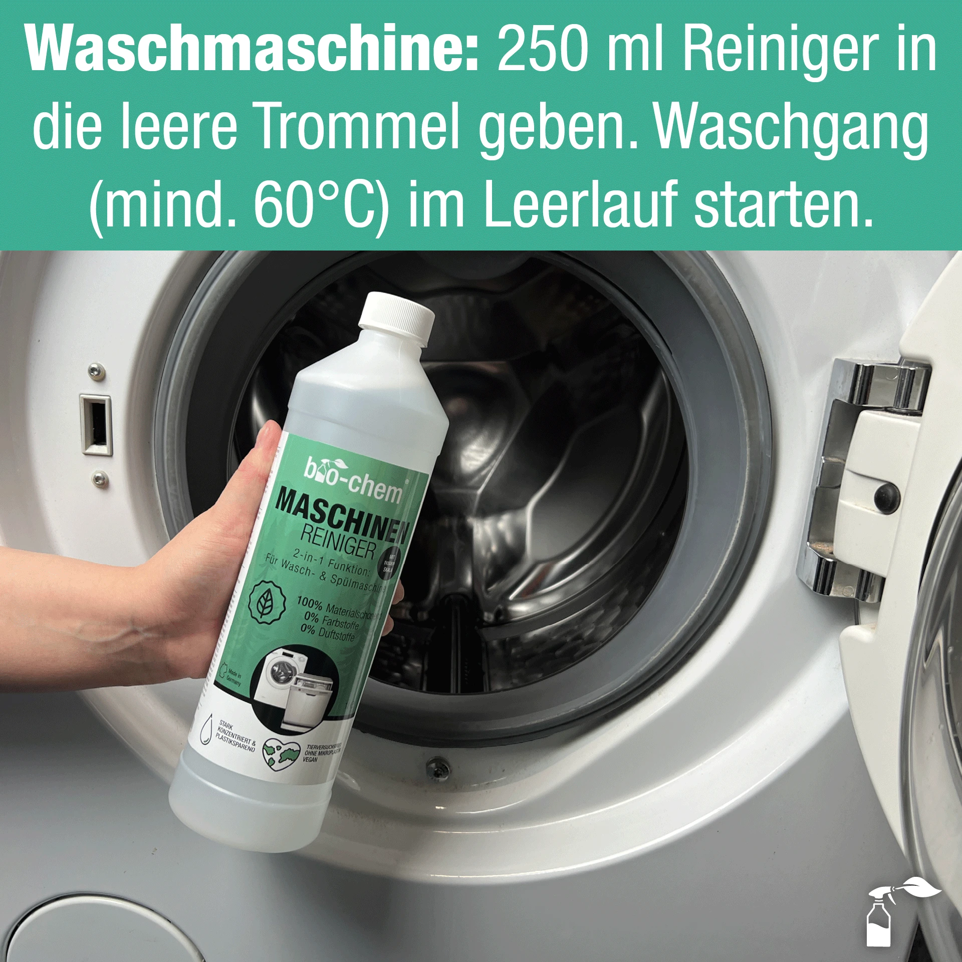 Waschmaschinen-Empfehlung: 250 ml Reiniger in die leere Trommel geben und Waschgang starten. 